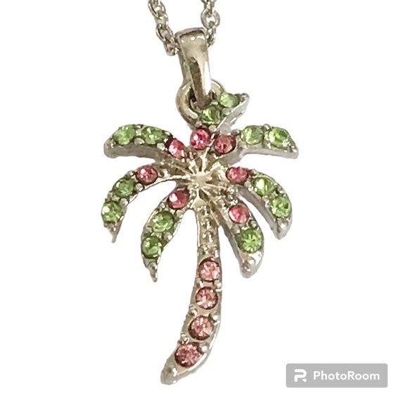 Palm Tree Necklace 18" Silver Rhodium Plated Coconut Island Beach Nautical - Picture 2 of 12
